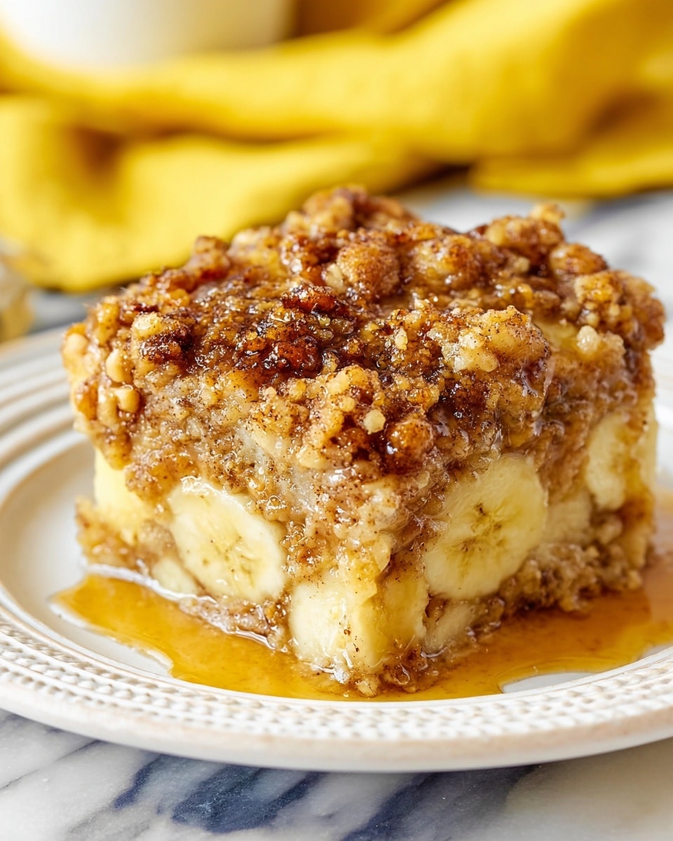 A thick slice of banana crumb cake sits on a white plate with a delicate lace pattern. The cake has three clear layers: the bottom layer is a soft, pale yellow cake base; the middle layer is creamy with visible banana slices, appearing moist and rich; the top layer is a crumbly, golden-brown streusel with cinnamon specks and more banana slices peeking through. The cake is drizzled with a honey-like syrup that pools lightly around the base, adding a glossy texture. The background shows more banana and a blurred baking dish, all on a white marbled surface. photo taken with an iphone --ar 4:5 --v 7