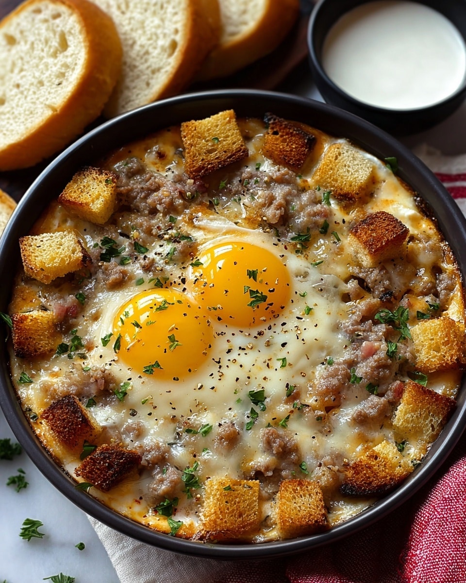 The image shows a round black dish filled with a baked egg and sausage casserole. The bottom layer is a creamy, light yellow cheese mixture, topped evenly with browned ground sausage and golden brown bread cubes. Two sunny yellow egg yolks sit in the center, surrounded by melted cheese and garnished with small pieces of chopped green herbs and a light sprinkle of black pepper. The dish is set on a red-striped white cloth, placed on a white marbled surface with slices of bread and a small white bowl of cream in the background. Photo taken with an iphone --ar 4:5 --v 7