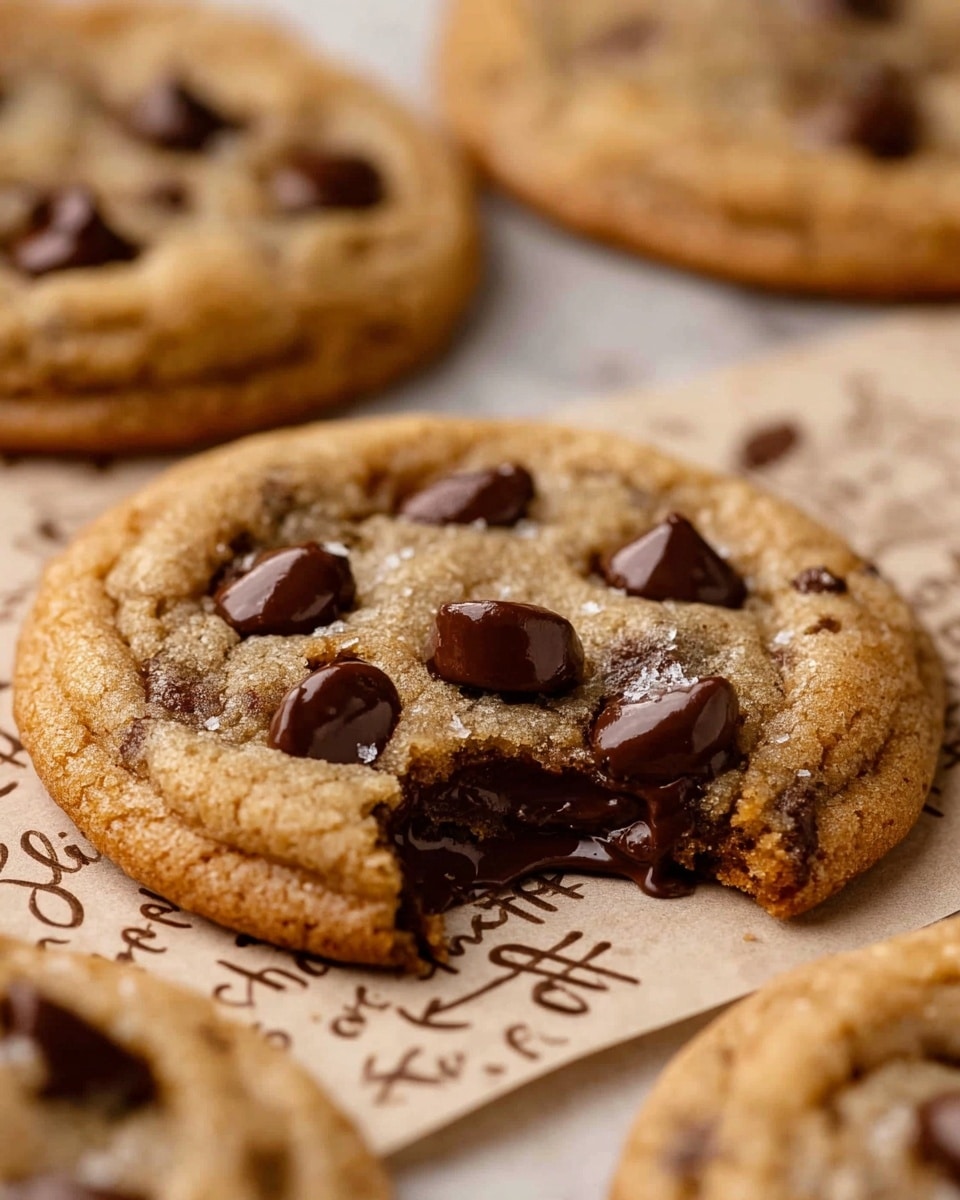 A close-up view of a soft, freshly baked chocolate chip cookie with a melted chocolate center that looks gooey and rich. The cookie has a light brown color with a slightly crisp edge and several large, glossy dark chocolate chips scattered on the top. The cookie is placed on a piece of brown parchment paper with printed text, and surrounding it are a few other similar cookies, slightly out of focus, highlighting the main cookie. photo taken with an iphone --ar 4:5 --v 7