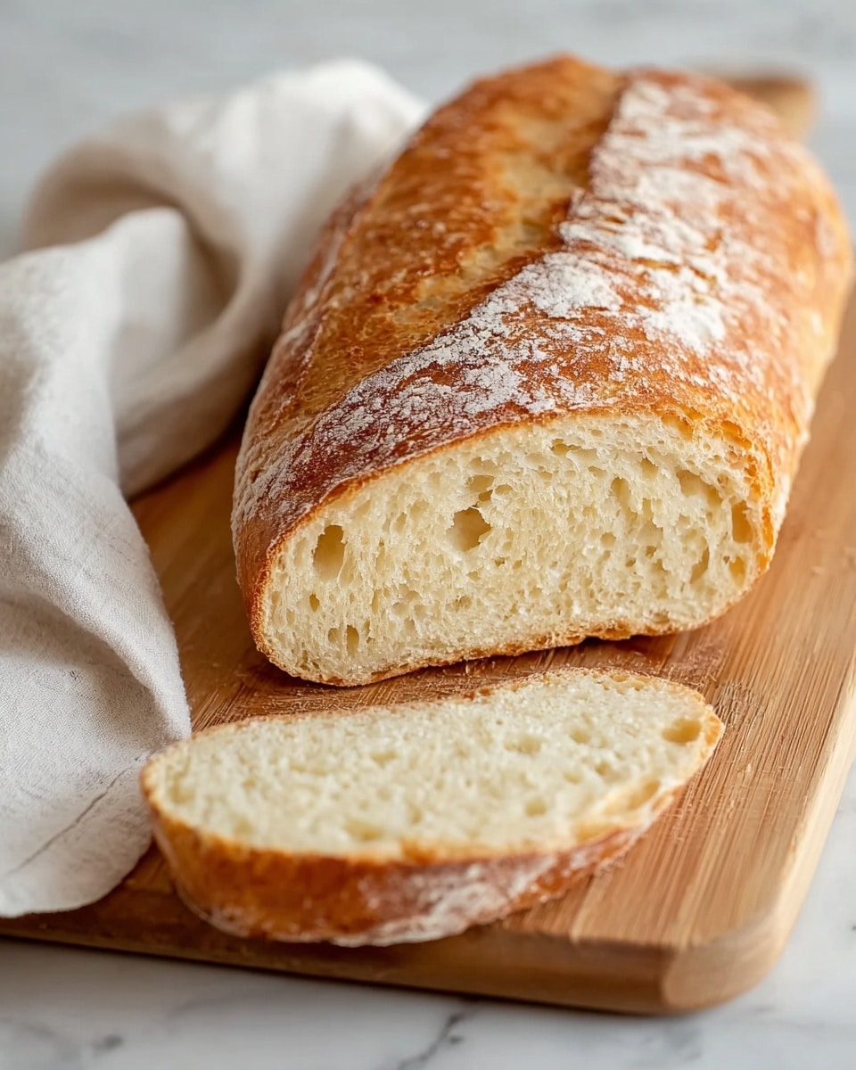 A loaf of crusty bread with a golden brown and slightly cracked crust sits lengthwise on a wooden cutting board, with one slice cut and placed in front of it. The inside of the bread is soft and airy, showing a pale cream color with uneven holes typical of artisan bread. The crust has a light dusting of flour, enhancing the rustic look. A white textured cloth is partly visible in the background on a white marbled surface. photo taken with an iphone --ar 4:5 --v 7