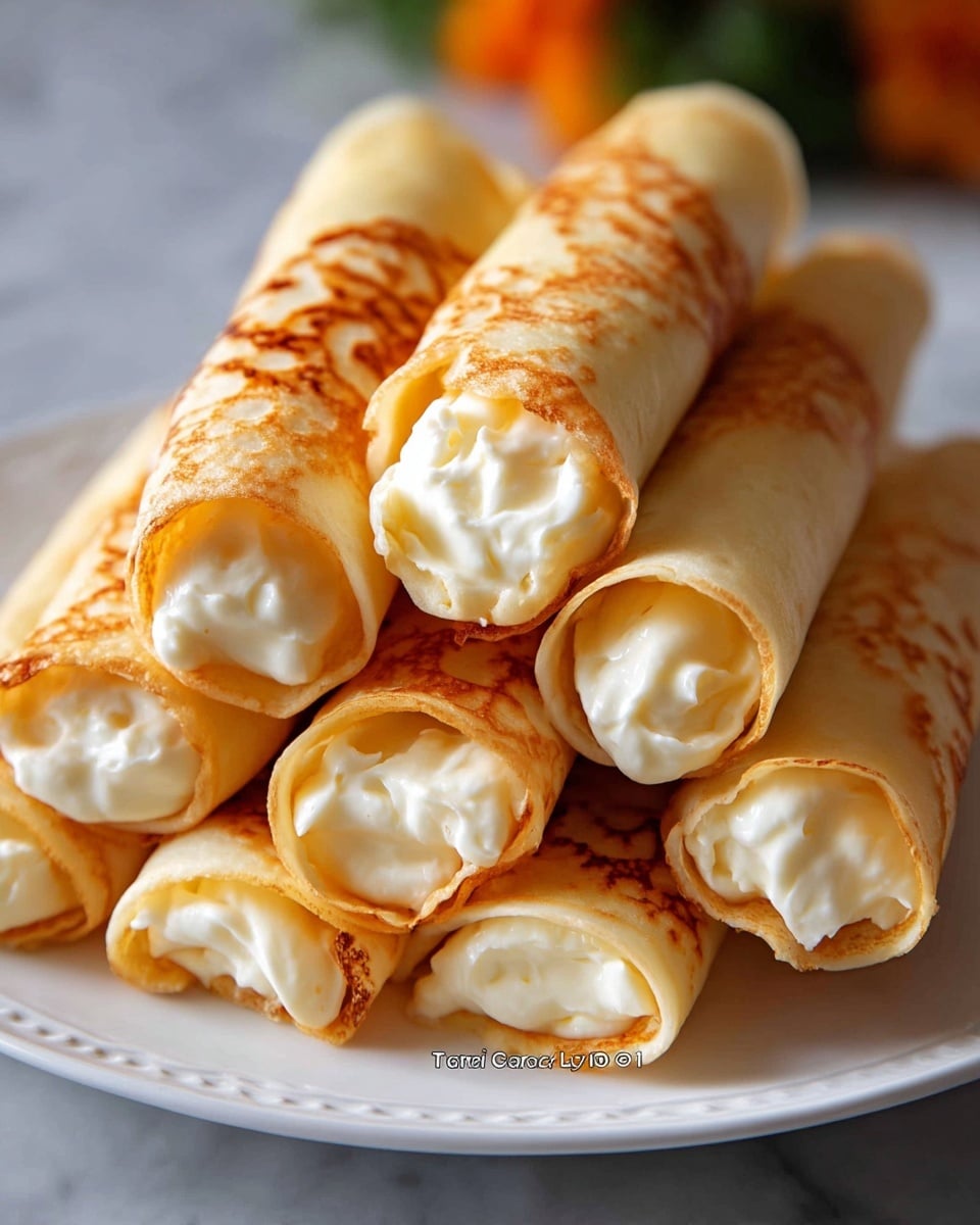 A close-up view of a white plate filled with several golden-brown rolled pastries, each about one layer thick with a smooth, slightly shiny texture. The rolls are filled tightly with a creamy white filling, which slightly protrudes from the open ends. The pastries are stacked in two rows, with the front row clearly visible and the back row slightly blurred. The background shows a soft, out-of-focus mix of green and orange colors, suggesting some decorative elements out of focus, while the plate rests on a white marbled surface. photo taken with an iphone --ar 4:5 --v 7