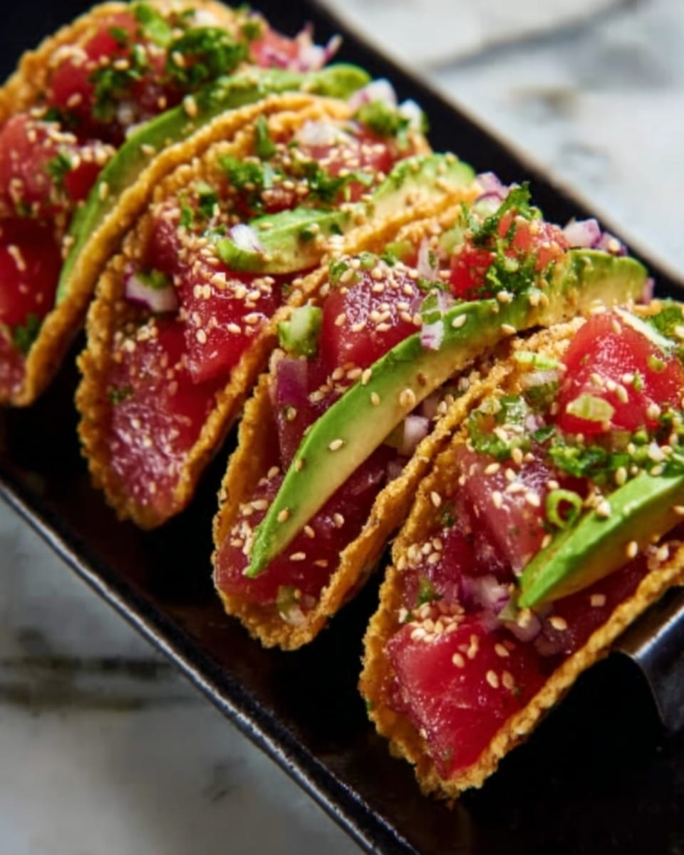 The image shows a row of five small tacos on a long white plate against a white marbled surface. Each taco has a crispy, golden-brown shell filled with bright pink raw tuna chunks, topped with thin green avocado slices, chopped green herbs, and sprinkled with white and black sesame seeds. The textures contrast between the crunchy shell and the soft tuna, with a fresh, colorful look. The background is simple and clean, putting focus on the vibrant food. photo taken with an iphone --ar 4:5 --v 7