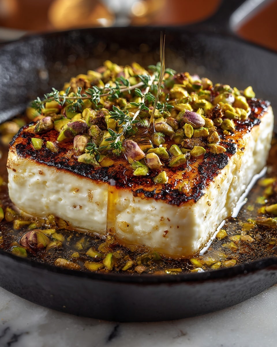 A thick square block of white cheese with a slightly browned and crispy top layer covered generously with chopped green pistachios and a sprig of fresh thyme resting on it, sitting in a black cast iron skillet. Golden syrup or oil is dripping down the sides of the cheese and pooling around it in the skillet, mixing with scattered chopped pistachios and herbs. The skillet is on a white marbled surface with a slightly blurred warm background. photo taken with an iphone --ar 4:5 --v 7