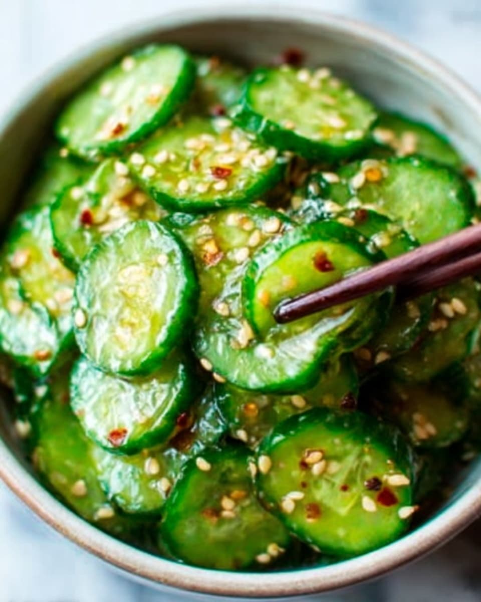 A close-up view of thin cucumber slices coated in a shiny, light dressing, arranged in a white bowl. The cucumber slices are bright green with a fresh and crisp texture, sprinkled all over with small toasted sesame seeds and tiny bits of red chili flakes, adding contrast with light brown and red colors. The bowl sits on a white marbled surface, and a woman's hand with chopsticks is picking up some cucumber slices, adding a sense of action to the image. The overall look is fresh, vibrant, and appetizing. photo taken with an iphone --ar 4:5 --v 7