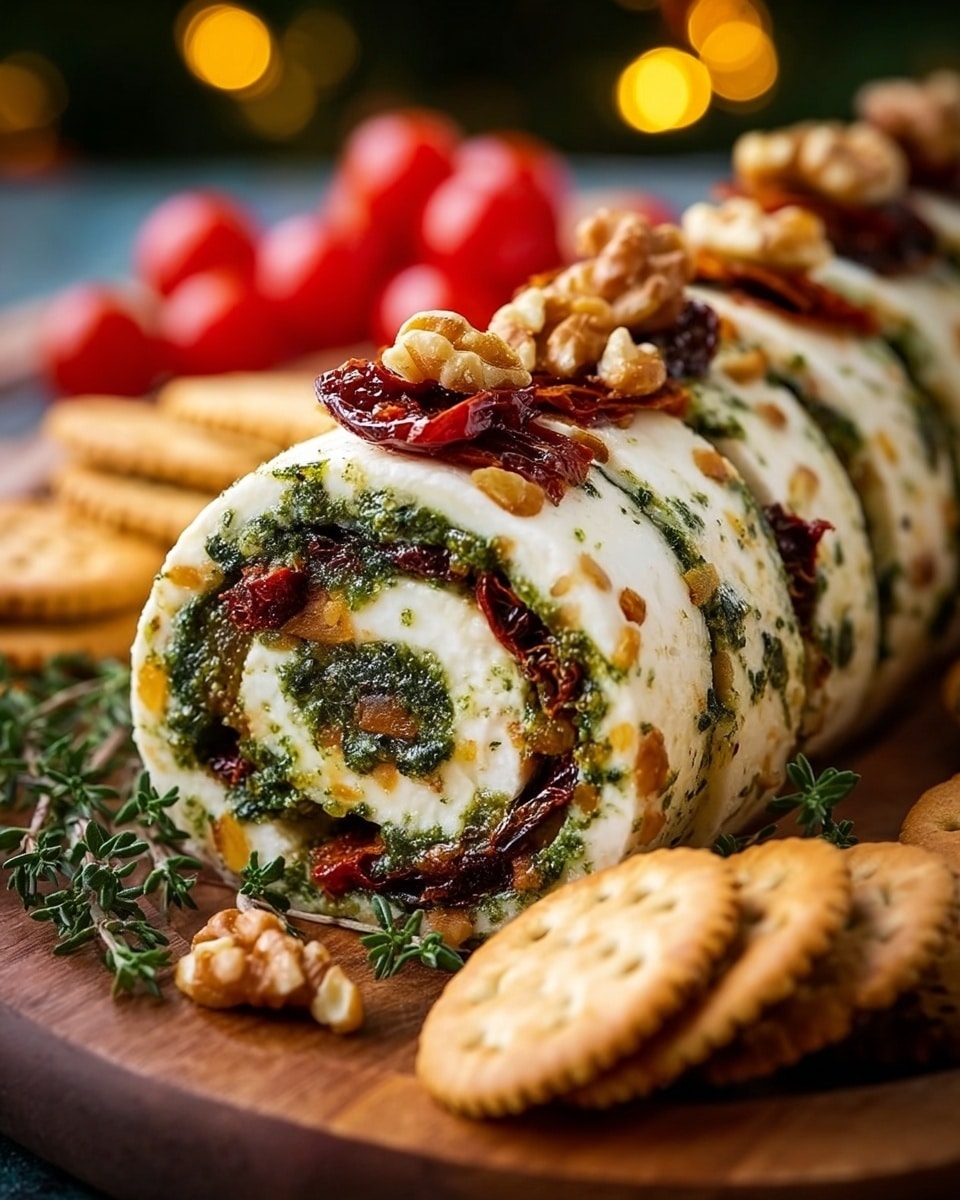 A rolled cheese log is sliced to show four layers: a thick white cheese base, a thin green pesto swirl, a thin red sun-dried tomato layer, and more white cheese in the center. The outside is striped with green pesto, topped with whole walnuts and small pieces of dried red tomatoes. The cheese roll sits on a wooden board with scattered whole walnuts, dried tomato pieces, a sprig of green herb in the foreground, and triangular beige crackers around it. Soft warm light highlights the textures and vibrant colors, with blurry red cherry tomatoes and green leaves in the background on a white marbled texture. Photo taken with an iphone --ar 4:5 --v 7