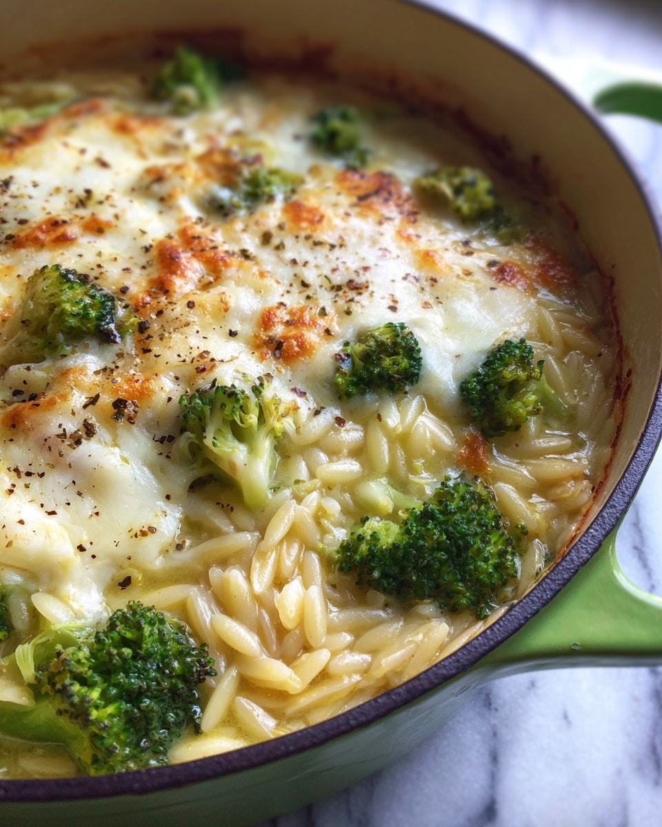 A close-up top view of a deep white pot filled with a light green and yellow soup containing small rice-shaped pasta and small broccoli florets scattered evenly. The soup has a thin, watery texture with tiny bubbles on the surface, and a sprinkling of ground black pepper and grated cheese is spread over the top center, adding a contrasting white and black speckled detail. The pot sits on a white marbled surface, and the light reflects slightly from the broth. photo taken with an iphone --ar 4:5 --v 7