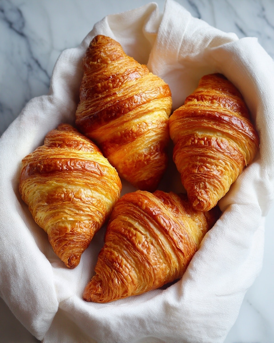 A white cloth-lined basket holds four golden-brown croissants with visible flaky layers. The croissants show a mix of rounded and pointed shapes with a shiny, slightly crispy crust. The layers have a soft yellowish color inside, while the outside curls and spirals create textured ridges. The basket rests on a white marbled surface, enhancing the warm tones of the baked goods. photo taken with an iphone --ar 4:5 --v 7