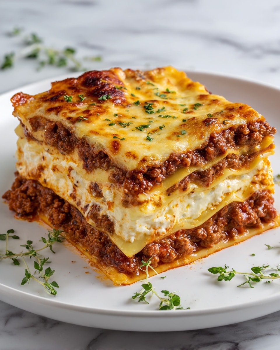 A close-up view of a square slice of lasagna on a white plate, showing five visible layers. The bottom layer is a thick, rich red-brown meat sauce, topped by a pale yellow pasta sheet. Above it is a creamy white ricotta cheese layer with some herbs mixed in, followed by another layer of pasta and red meat sauce. The top is a golden bubbly melted cheese with browned spots and small green herb sprigs scattered on top and around the plate. The plate sits on a white marbled surface. photo taken with an iphone --ar 4:5 --v 7