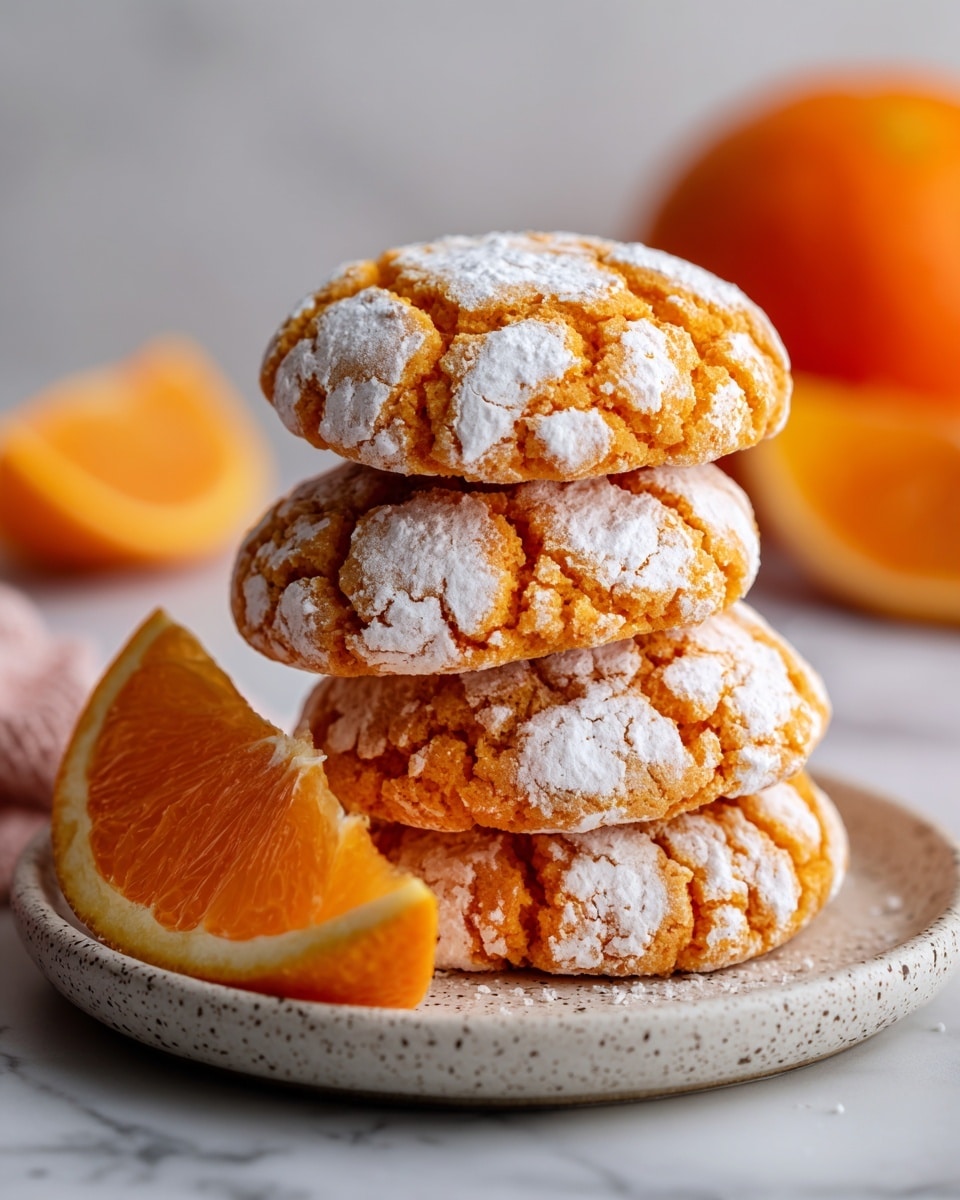 The image shows a close-up of several round orange cookies with rough texture, each topped with patches of white powdered sugar scattered unevenly on the surface. The cookies are stacked slightly overlapping on a white speckled plate, with a wedge of bright orange fruit placed on the left side of the plate. The background features a white marbled texture, and in the top right corner, a whole orange fruit is slightly visible, blurred. photo taken with an iphone --ar 4:5 --v 7