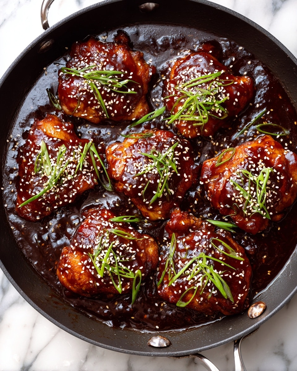 A black pan holds seven pieces of cooked chicken thighs covered in a glossy, dark brown sauce that looks thick and sticky. Each piece of chicken is sprinkled with small white sesame seeds and thin, long green scallion strips scattered on top. The chicken pieces vary slightly in size and are arranged closely together in the pan. The pan sits on a white marbled surface, showing slight reflections of the shiny sauce. photo taken with an iphone --ar 4:5 --v 7