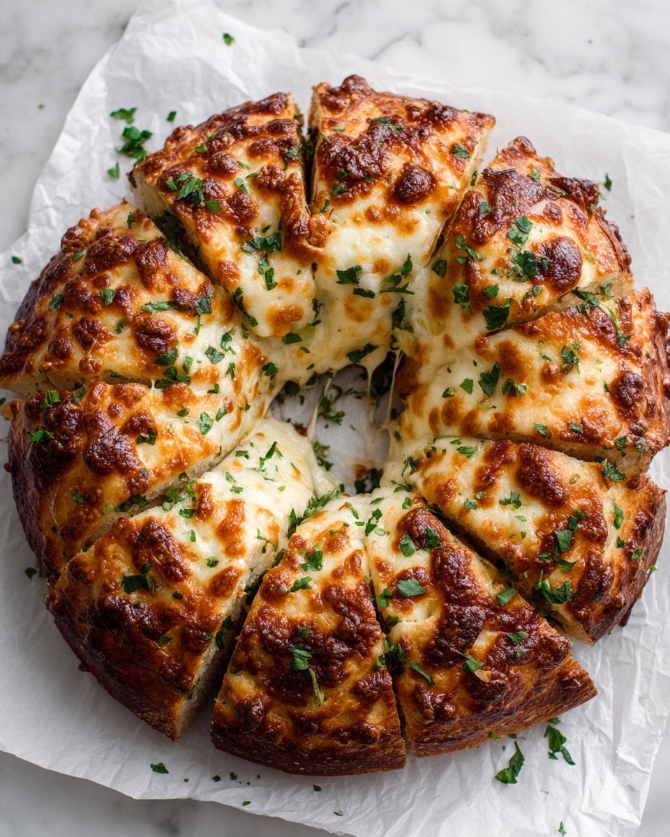 A round bread shaped like a ring with a hole in the center, showing a thick layer of melted cheese on top that is golden brown and crispy in some spots, creating a textured surface. The cheese is bubbly with darker brown spots where it has browned more, and fresh green herbs are sprinkled evenly over the top, adding a pop of color. The bread is divided into sections by deep cuts, showing gooey cheese oozing between the pieces. It rests on a piece of white parchment paper over a white marbled texture. photo taken with an iphone --ar 4:5 --v 7