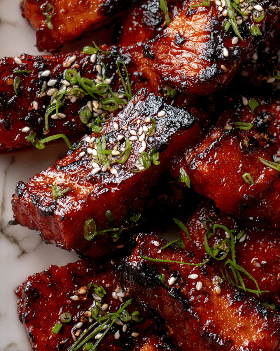 The image shows several pieces of glazed, grilled meat with a shiny, reddish-brown color and some black charred edges, stacked closely together. The meat is topped with small white sesame seeds and tiny green onion pieces, creating a textured and colorful contrast. The background features a white marbled texture that highlights the rich colors of the meat and garnishes. photo taken with an iphone --ar 4:5 --v 7