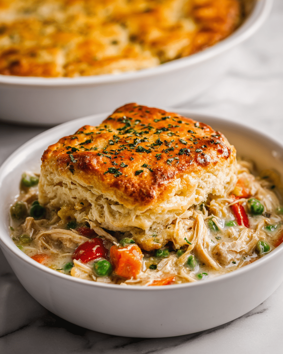 A white bowl holds a comforting chicken pot pie dish with two main layers: the top layer is a golden brown, fluffy biscuit with a slightly shiny, crispy crust sprinkled with green herbs; underneath is a creamy mixture of shredded chicken and chunky vegetables including orange carrots, green peas, and red bell peppers, all coated in a light sauce. The background shows a blurred pie dish with a similar golden top on a white marbled surface. photo taken with an iphone --ar 4:5 --v 7
