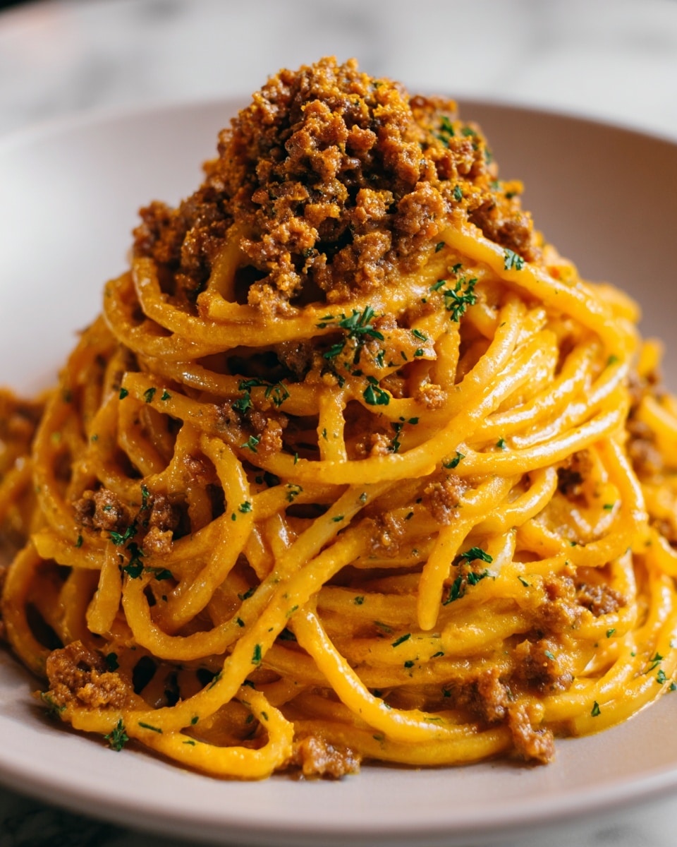 A close-up of a round pile of spaghetti with a thick, creamy orange sauce coating every strand, topped with small pieces of green herbs and bits of crispy, browned meat evenly spread on top. The spaghetti looks glossy and soft with the sauce clinging tightly, and the herbs add a fresh touch of color. The dish is presented on a simple white plate that contrasts with the warm tones of the pasta, all set against a white marbled background. Photo taken with an iphone --ar 4:5 --v 7