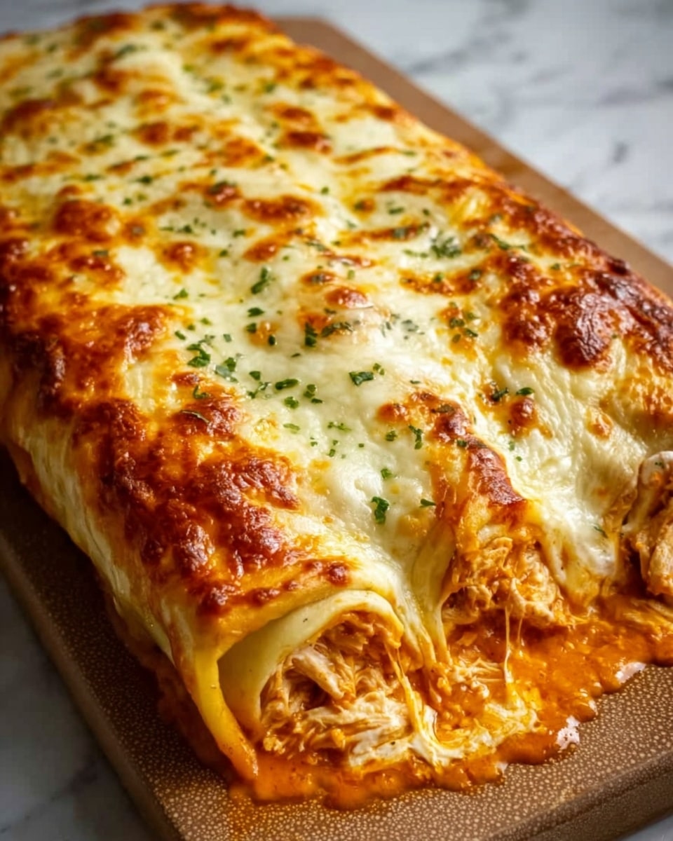 A long, rectangular lasagna sits on a wooden board, topped with a thick layer of melted cheese that is golden brown and bubbly, covering the dish completely. Below the cheese, visible at the edges, is a mix of shredded chicken and a rich, orange-colored sauce, showing the soft, tender texture of the meat. The lasagna has multiple layers, with the top showing the browned cheese, the middle filled with the creamy sauce and chicken, and the bottom hidden but supporting the whole dish. The wooden board contrasts with the white marbled surface beneath. Photo taken with an iphone --ar 4:5 --v 7