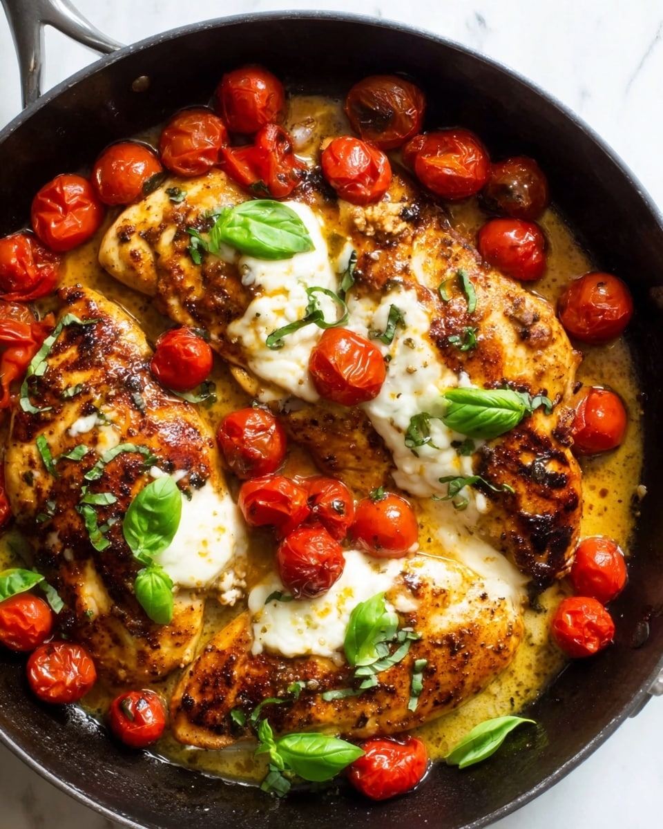 The image shows a black skillet filled with three grilled chicken breasts topped with melted white cheese and fresh green basil leaves. Around the chicken, there are many small bright red cherry tomatoes, some whole and some slightly roasted. The chicken has a browned, grilled texture with some light charring, and the sauce beneath is creamy orange with visible herbs. The skillet is placed on a white marbled surface. Photo taken with an iphone --ar 4:5 --v 7