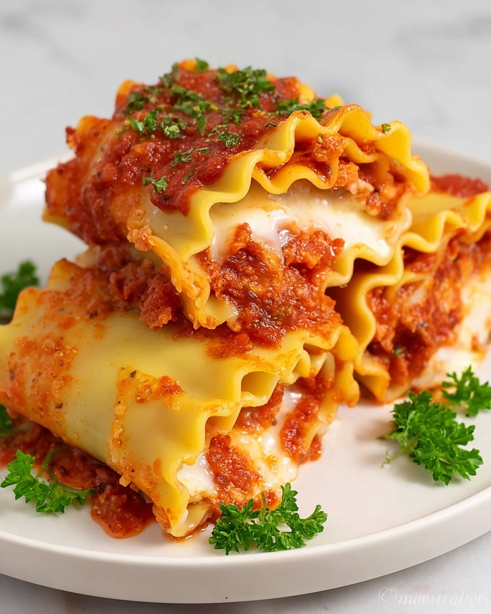 The image shows a close-up of three rolled lasagna pieces stacked on a white plate, placed on a white marbled surface. Each roll contains three visible layers: the outer pasta sheet is golden yellow with a smooth texture and ruffled edges, the middle layer is filled with a rich red tomato sauce with bits of herbs, and the inner layer is creamy white melted cheese, oozing slightly from the rolls. Fresh green parsley leaves are sprinkled on top and around the plate, adding a touch of color. The lighting highlights the glossy texture of the cheese and sauce, making the dish look warm and ready to eat, photo taken with an iphone --ar 4:5 --v 7