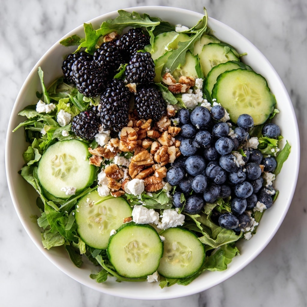 A white bowl filled with a fresh salad layered with dark green arugula at the base, topped with thin slices of light green avocado arranged in a fan shape, bright green cucumber slices scattered throughout, and small white crumbles of cheese. Large blackberries and small blue blueberries are placed on top evenly, along with a few chopped nuts sprinkled around. The bowl sits on a white marbled surface, with a woman's hand holding the bowl from the side. Photo taken with an iphone --ar 4:5 --v 7
