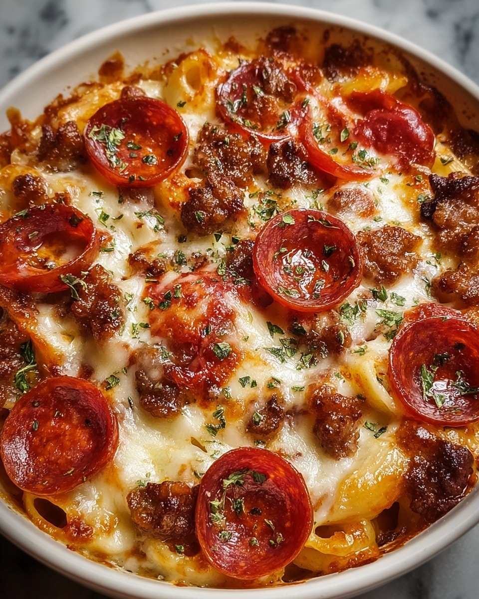 The dish is a baked pasta served in a white bowl, with three visible layers: the bottom layer is yellow macaroni pasta coated in a tomato-based sauce, the middle layer consists of browned sausage pieces scattered evenly, and the top layer has a generous amount of melted white cheese with browned edges and round slices of red pepperoni placed on top. The entire dish is sprinkled with green herbs and black pepper, adding texture and color contrast, all sitting on a white marbled surface. photo taken with an iphone --ar 4:5 --v 7