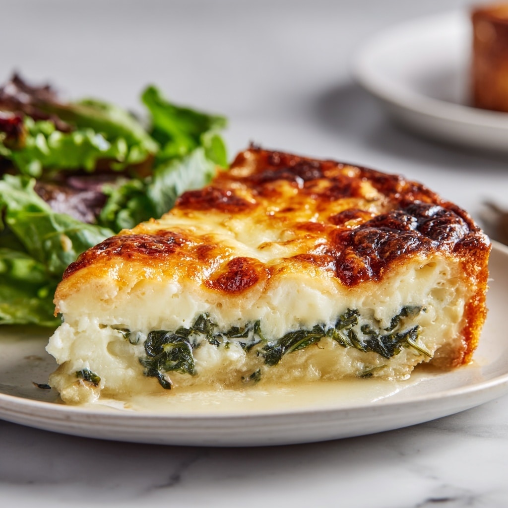 A close-up image of a golden-brown baked quiche with a slightly crispy top layer, cut to show its inside. The quiche has two visible layers: the top layer is smooth and browned cheese, and the inside layer is a mix of green spinach and creamy, yellow egg filling with small herbs scattered throughout. It is served on a white plate with a subtle shine, placed on a white marbled surface. In the background, a fresh green salad with mixed leaves is slightly out of focus, adding a touch of vibrant color. Photo taken with an iphone --ar 4:5 --v 7