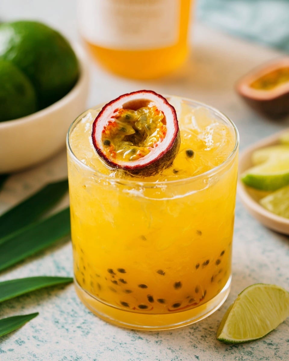A short clear glass filled with bright yellow-orange juice and ice cubes shows visible passion fruit seeds mixed inside; a halved passion fruit with white and purple-red edges floats on top as garnish. In the background, a white bowl holds a bright green lime, and lime wedges sit nearby on a white marbled textured surface. Photo taken with an iphone --ar 4:5 --v 7