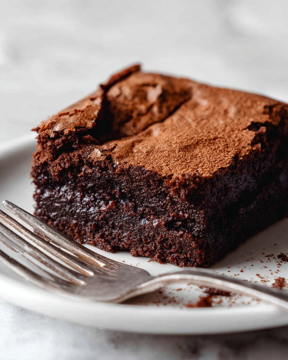 A single thick square piece of chocolate brownie sits on a white plate, showing two distinct layers: a cracked, dry, lighter brown top layer with a crisp texture, and a dense, moist, darker brown bottom layer with a fudgy look. The edge of the brownie is slightly crumbled, with small pieces scattered near the shiny silver fork resting beside it. The plate is on a white marbled surface with soft folds of a cream cloth underneath. Photo taken with an iphone --ar 4:5 --v 7