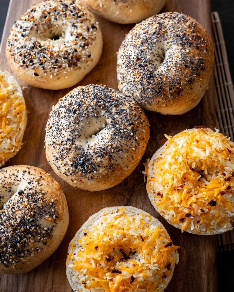 The image shows five plain bagels arranged closely on a wooden board, with three in the top half and two in the bottom right corner. Three bagels on the top half are covered in a mix of white, black, and orange seeds and spices, giving a textured appearance with contrasting colors. The two bagels on the bottom right have melted shredded orange cheese scattered on top, creating an uneven, lacy surface over the light beige dough. The bagels are round with a smooth but slightly grainy texture. The wooden board beneath them has a natural, light brown wood grain visible. photo taken with an iphone --ar 4:5 --v 7