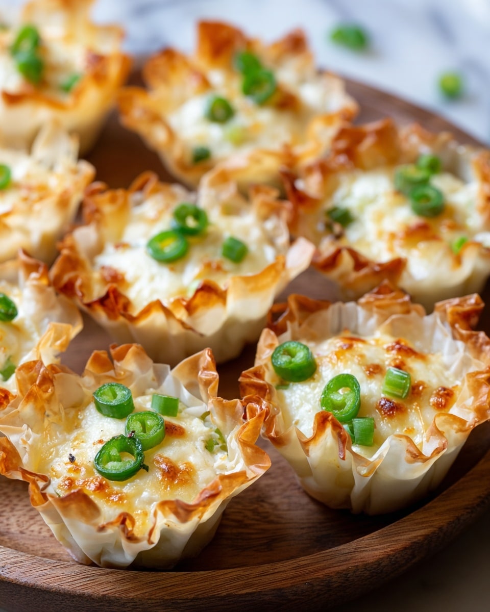 The image shows small white phyllo cups filled with a creamy cheese mixture, each topped with melted golden brown cheese and sprinkled with chopped green chili slices, arranged closely on a round wooden board placed on a white marbled surface. The phyllo cups have a crinkled, crispy texture with slightly browned edges, creating a contrast to the smooth, bubbly cheese filling inside. Photo taken with an iphone --ar 4:5 --v 7