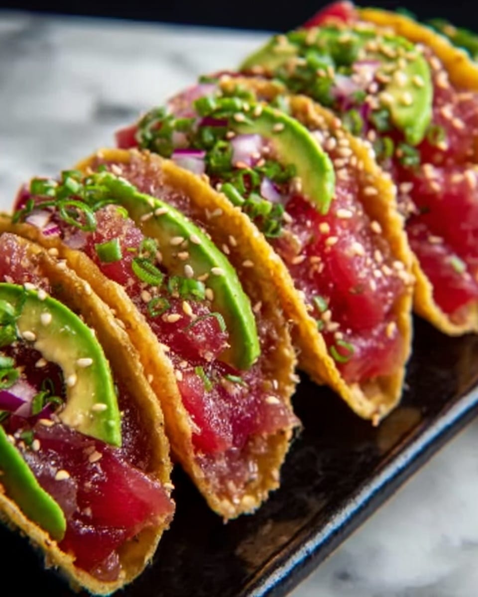 The image shows a row of four small tacos placed side by side on a white marbled surface. Each taco has a crispy corn shell filled with layers starting with bright red raw tuna chunks, topped with thin slices of green avocado, finely chopped red onions, small pieces of green herbs, and sprinkled with sesame seeds and small green scallions. The texture of the tuna looks fresh and smooth, while the avocado adds softness. The tacos are arranged neatly on a black rectangular plate, creating a colorful and fresh look. photo taken with an iphone --ar 4:5 --v 7