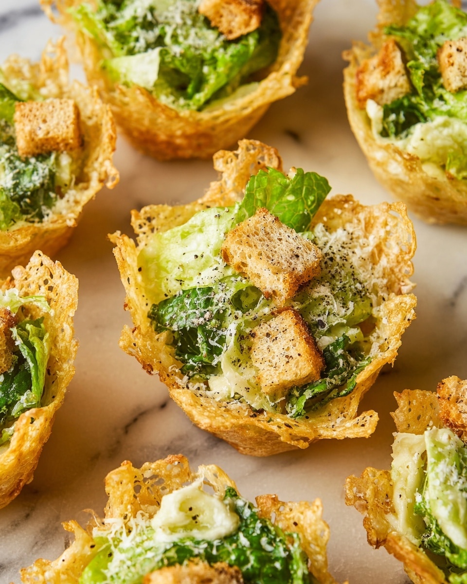 The image shows several small cups made of light golden, crispy cheese with a lacy texture and uneven edges. Each cup holds a creamy green salad of chopped lettuce, mixed with white dressing visible on the leaves. On top of the salad are small pieces of toasted, light brown croutons and a sprinkle of black pepper. The cups are placed on a smooth white marbled surface that contrasts with the golden and green colors of the food. photo taken with an iphone --ar 4:5 --v 7