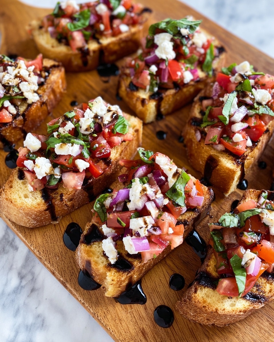 The image shows several pieces of toasted bread slices arranged closely on a wooden serving board. Each slice has three main layers: a crunchy golden-brown toasted bread base, followed by a mixture of diced red tomatoes, chopped fresh green basil leaves, and small bits of purple onions. The top layer includes small chunks of white cheese scattered unevenly. The entire dish is drizzled with a dark balsamic glaze, adding visual contrast with its shiny, thick texture. The setting has a white marbled surface beneath the wooden board. photo taken with an iphone --ar 4:5 --v 7