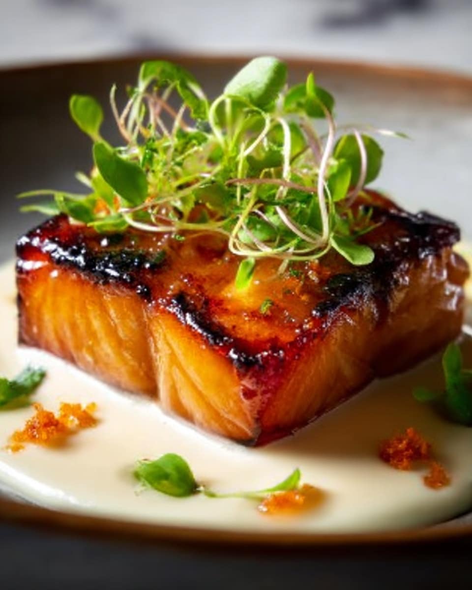 The image shows a square piece of glazed salmon with a shiny, caramelized top layer that is golden brown with hints of darker charred edges. The salmon is placed in the center of a white plate, sitting on a thick bed of creamy white sauce. On top of the salmon, there are fresh green microgreens with thin stems and leaves. Around the plate, there are a few scattered small green leaves and tiny orange crumbs adding color contrast. The background is a white marbled surface, softly blurred to focus on the dish. photo taken with an iphone --ar 4:5 --v 7