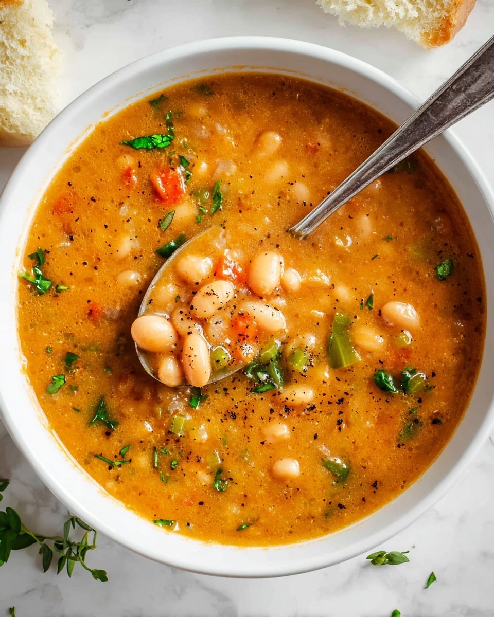 A close-up top view of a white bowl filled with thick, orange-brown soup containing white beans, small pieces of green and red vegetables, and sprinkled black pepper. A silver spoon rests inside the bowl, partially submerged in the soup, with some beans visible on the spoon. The bowl sits on a white marbled surface scattered with small green herb leaves and pieces of light-colored bread near the edges. photo taken with an iphone --ar 4:5 --v 7