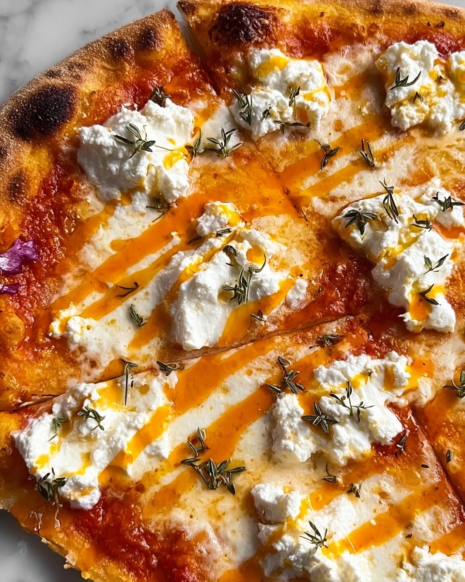 A close-up of a pizza with one visible layer of red tomato sauce spread evenly over the crust's base, topped by a thick layer of melted white cheese covering most of the pizza surface. Dollops of soft white ricotta cheese are scattered across the pizza, adding texture and thickness. Thin streaks of bright orange oil are drizzled diagonally on top, contrasting with small sprigs of dried green herbs spread evenly across the surface. The pizza crust is golden brown with slightly charred edges, resting on a white marbled texture background. photo taken with an iphone --ar 4:5 --v 7