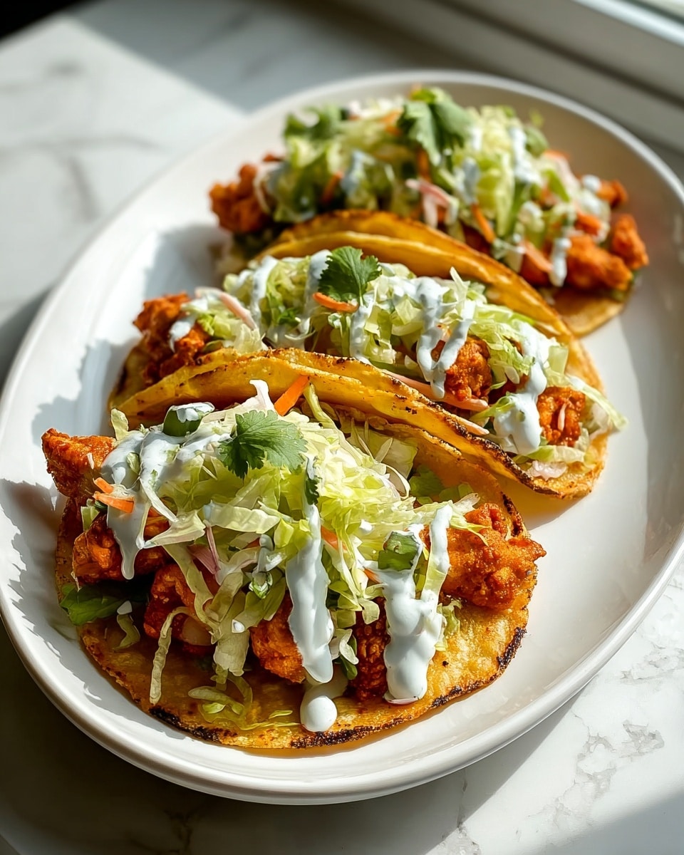 Three tacos arranged in a row on a white oval plate placed on a white marbled surface. Each taco has a golden crispy tortilla base with a slightly charred texture. On the tortilla, there is a layer of orange seasoned fried chicken pieces. Over the chicken, fresh shredded green lettuce is spread, mixed with some small bits of white and orange vegetables, possibly cabbage and carrots. The top layer is drizzled with a white creamy sauce and garnished with small green cilantro leaves. Soft daylight falls on the plate, casting natural shadows. photo taken with an iphone --ar 4:5 --v 7