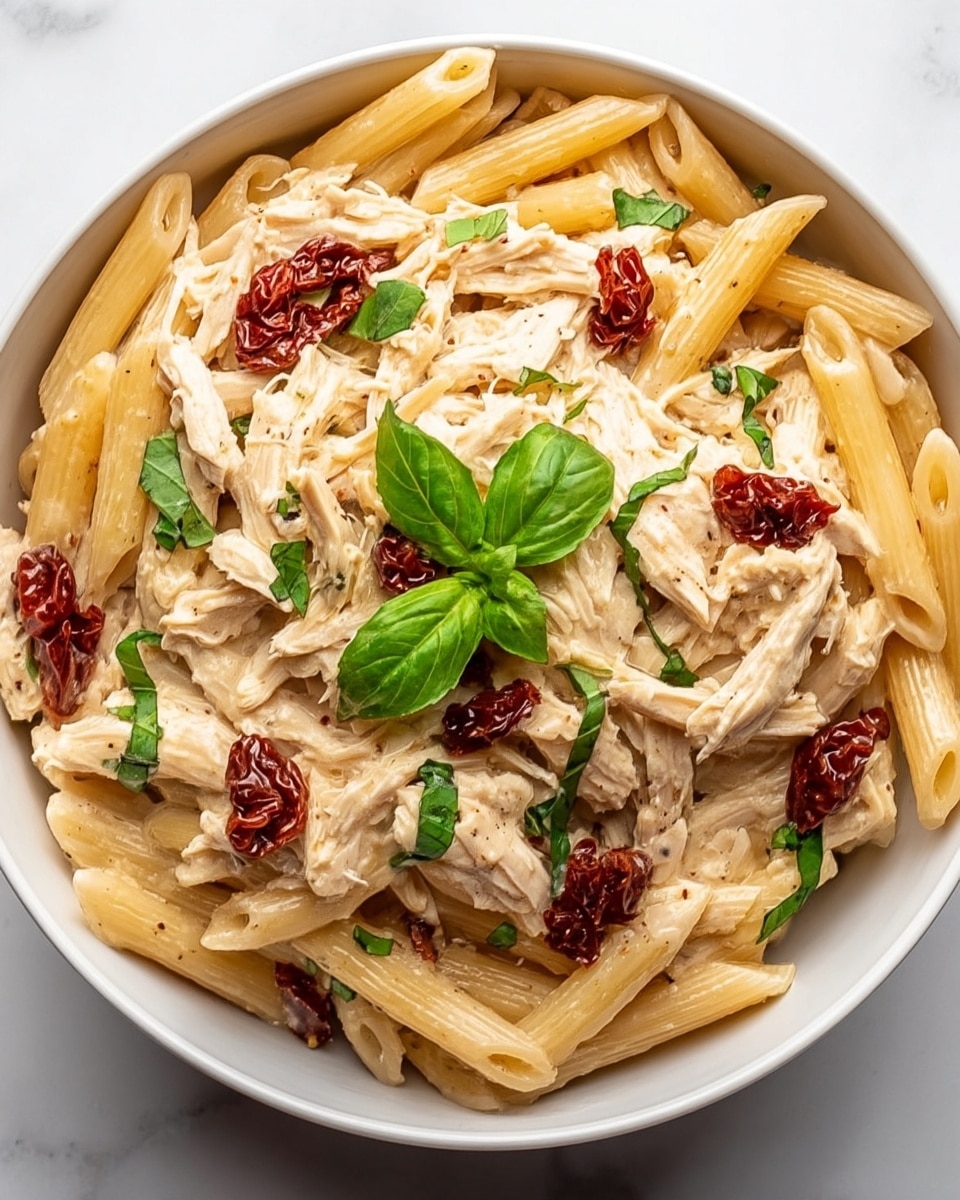 A top-down view of a white bowl filled with creamy shredded chicken pasta. The base layer consists of beige penne pasta with a smooth texture, mixed evenly throughout the bowl. On top, there is a generous layer of light cream-colored shredded chicken, soft and moist in appearance. Scattered across the dish are small pieces of deep red sun-dried tomatoes and bright green fresh basil leaves that add pops of color. The bowl is placed on a white marbled texture surface. photo taken with an iphone --ar 4:5 --v 7