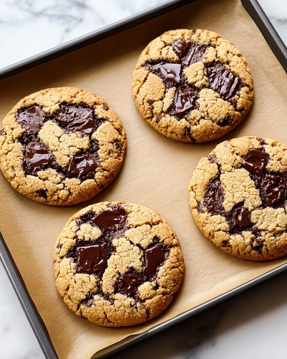 Four large round cookies sit on a baking tray lined with light brown parchment paper. Each cookie has a golden-brown cracked surface with dark brown melted chocolate chunks scattered on top, giving a textured and slightly glossy look. The cookies are evenly spaced, showing their soft and chewy appearance. The tray rests on a white marbled surface. photo taken with an iphone --ar 4:5 --v 7