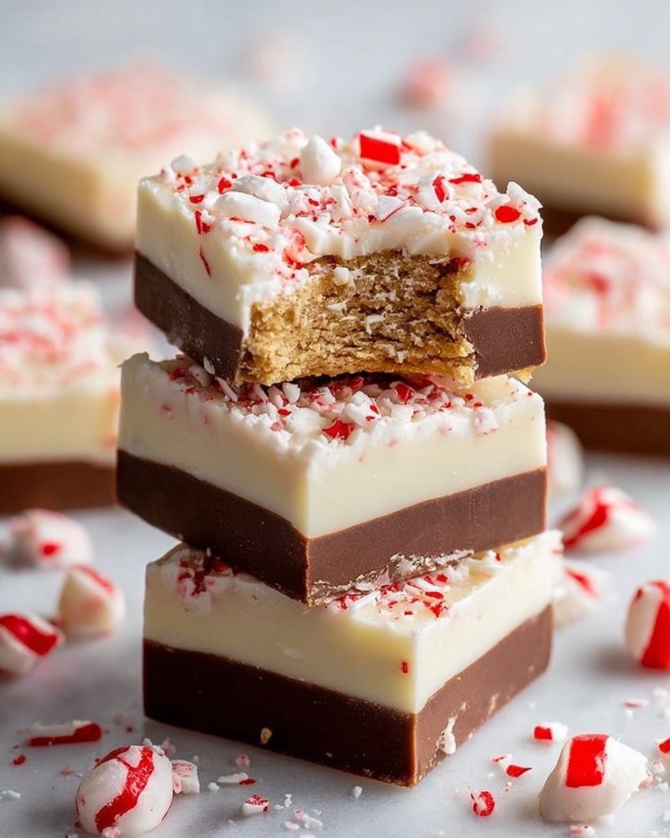 The image shows a stack of four square peppermint fudge pieces on a white marbled surface. Each fudge piece has three layers: a bottom dark brown chocolate layer, a middle layer made of biscuit with a golden brown color and crumbly texture visible in the bitten top piece, and a thick top white layer with a smooth texture. The top white layer is sprinkled with small red and white crushed peppermint candy pieces. Around the fudge, there are whole and crushed peppermint candies scattered. The photo captures the fudge clearly with a soft focus on the background, and the lighting highlights the creamy texture and vibrant colors. Photo taken with an iphone --ar 4:5 --v 7