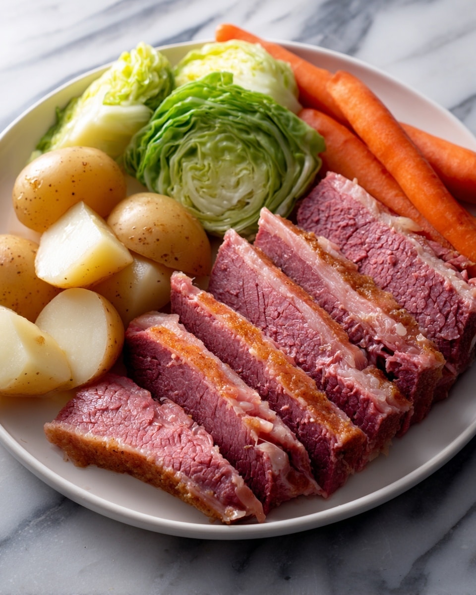 A white plate filled with thick slices of tender corned beef brisket showing pinkish-red layers with visible juicy texture on the right side; on the left side are cooked baby carrots in bright orange, large chunks of red-skinned potatoes with creamy white insides, and bright green cabbage leaves layered over some softer, pale green cabbage pieces, all sitting on a white marbled surface. photo taken with an iphone --ar 4:5 --v 7