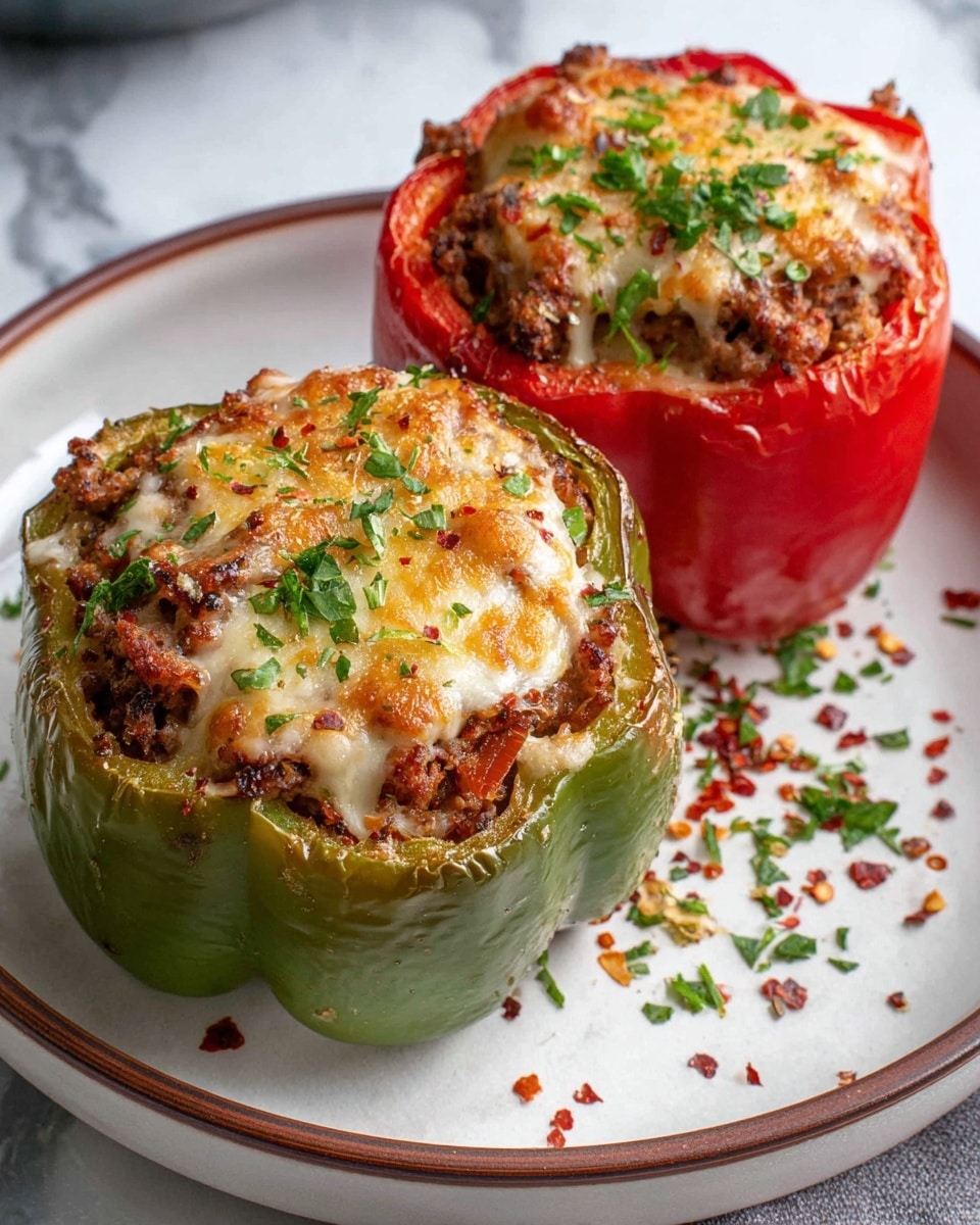Two stuffed bell peppers, one green and one red, are placed side by side on a round white plate with a brown rim. Each pepper is filled with a mixture of ground meat and finely chopped vegetables, topped with a golden-brown melted cheese layer sprinkled with finely chopped green herbs and small red chili flakes. The peppers have a slightly glossy texture, and some filling spills over the edges. There are scattered herbs and chili flakes around the peppers on the plate, all set on a white marbled surface. photo taken with an iphone --ar 4:5 --v 7