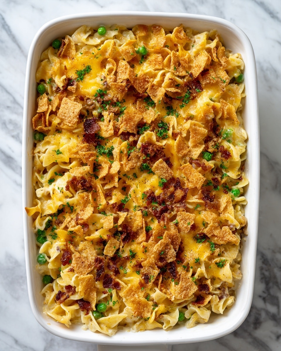 A white rectangular casserole dish filled with a baked noodle casserole topped with a golden melted cheese layer mixed with crushed light beige chips scattered evenly on top, with small green peas peeking through in some spots; the noodles underneath form a pale yellow base with a textured surface, all placed on a white marbled background. photo taken with an iphone --ar 4:5 --v 7