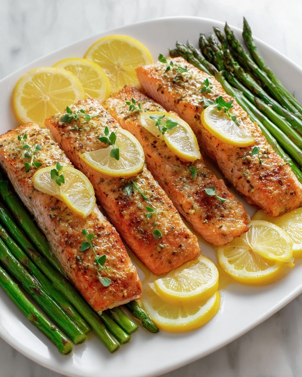 The image shows a white plate with four cooked salmon fillets arranged in a row. Each fillet is golden brown with a slightly crispy texture and topped with a slice of lemon and small green herb leaves. Underneath each fillet lies a bundle of bright green asparagus spears, neatly lined up parallel to each other. At the front edge of the plate, there are a few extra lemon slices partially overlapping. The plate is placed on a white marbled surface, and the overall look is fresh and appetizing. photo taken with an iphone --ar 4:5 --v 7