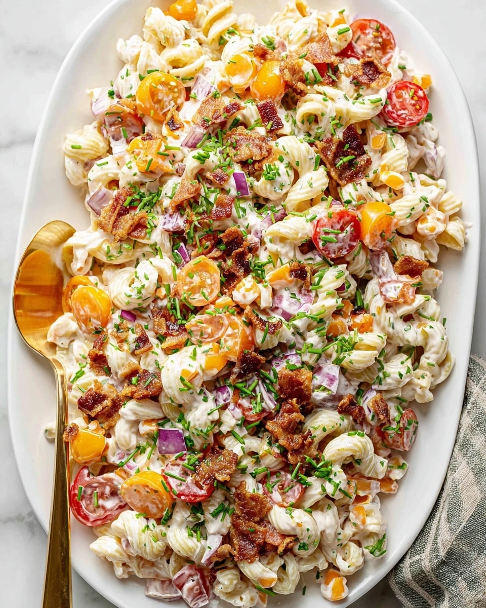 A large white oval plate holds a creamy pasta salad with about five layers of ingredients. The first layer is curly pasta with creamy dressing coating it, giving a smooth, shiny, white texture. Mixed evenly throughout are small, vibrant orange cheese cubes and halved bright red cherry tomatoes with visible seeds. Scattered on top are crispy dark brown bacon bits adding texture contrast. There are also small pieces of finely chopped red onion, pale purple in color, and fresh green chopped scallions and parsley sprinkled across, adding freshness and color. On the left side of the plate, a shiny gold serving spoon rests partially in the salad. The whole dish sits on a white marbled surface. Photo taken with an iphone --ar 4:5 --v 7