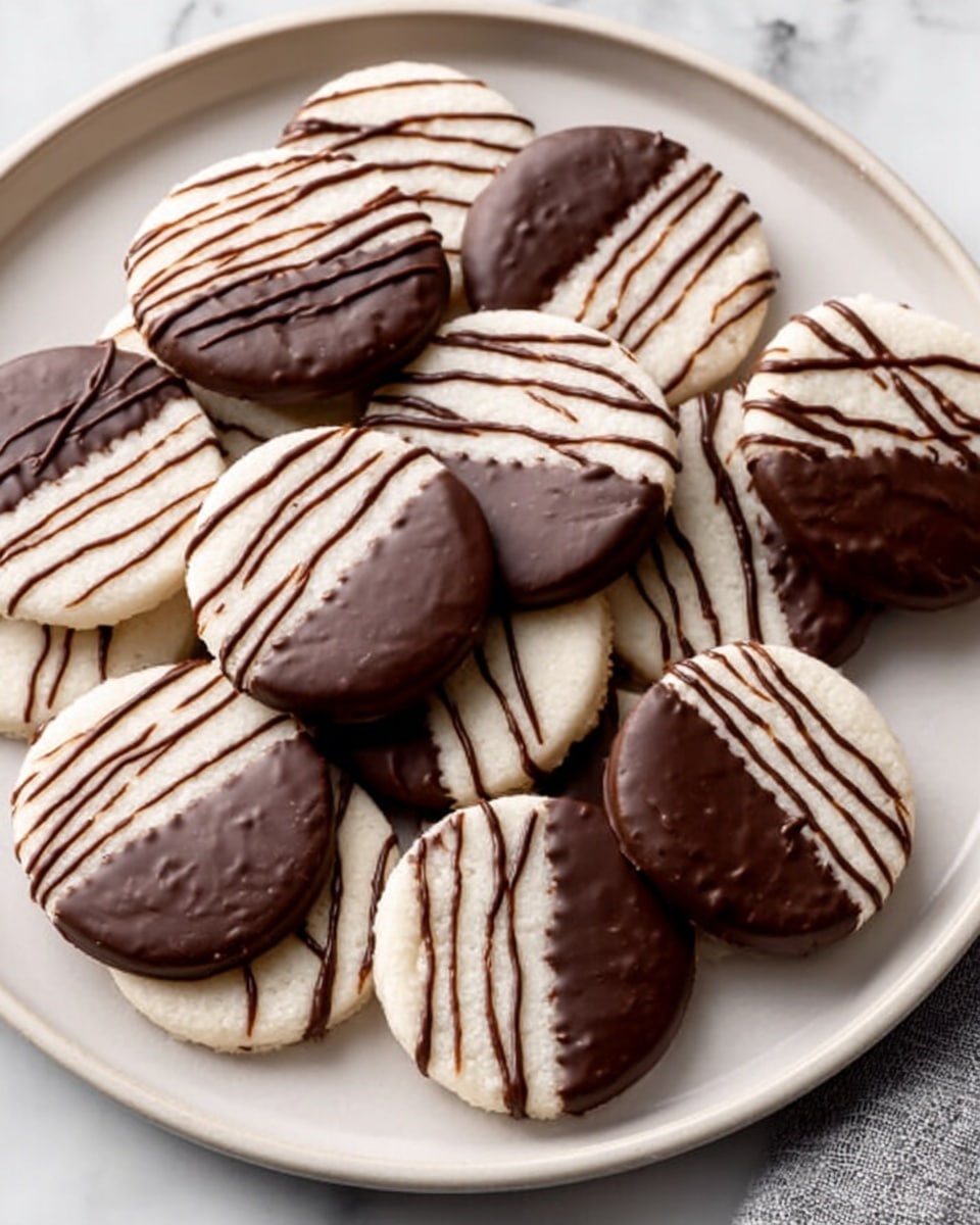A round white plate holds about fifteen small round cookies arranged closely but not stacked. Each cookie is split into two halves: one half is covered with smooth, dark chocolate, and the other half is white with thin, wavy dark chocolate lines drizzled across the top. The cookies have a slightly textured surface beneath the chocolate, and they sit on a white marbled background. photo taken with an iphone --ar 4:5 --v 7