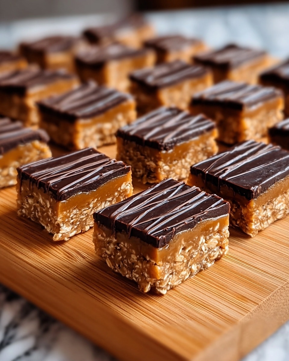 The image shows a group of small square bars neatly placed on a wooden board. Each bar has two layers: the bottom layer is light brown and grainy with visible bits of nuts or oats, while the top layer is a smooth caramel color, glossy and slightly sticky. Thin, dark brown chocolate lines run horizontally across the top of each bar, creating a striped effect. The arrangement is orderly in rows and columns, showing multiple bars blurred into the distance. The background has a soft focus with a white marbled texture visible. photo taken with an iphone --ar 4:5 --v 7
