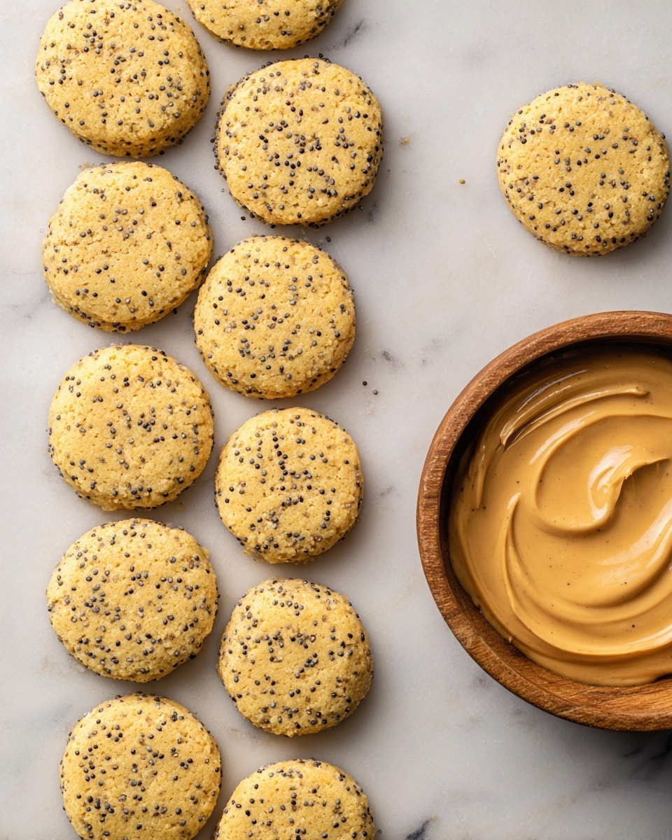 The image shows 11 round, golden-yellow cookies with tiny black chia seeds scattered throughout, arranged in three vertical columns on a white marbled surface. The cookies have a slightly cracked texture and a soft, crumbly appearance. On the right side of the image, there is a wooden bowl filled with smooth, light brown peanut butter that has a swirl pattern on the surface. The overall look is clean and neat, emphasizing the natural color and texture of the cookies and peanut butter. photo taken with an iphone --ar 4:5 --v 7