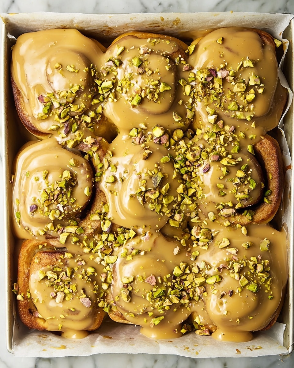 The image shows nine cinnamon rolls arranged in a white baking tray lined with parchment paper, each roll covered in a thick, smooth layer of light caramel-colored glaze that drips slightly over the sides. The cinnamon rolls have a golden brown base with swirled textures beneath the glaze, and the glaze topping is sprinkled generously with small, uneven pieces of bright green chopped pistachios, adding a crunchy texture and color contrast. The rolls fill the tray closely, showing slight puffiness and soft bread layers visible around the edges under the glaze. The background is a white marbled texture. Photo taken with an iphone --ar 4:5 --v 7
