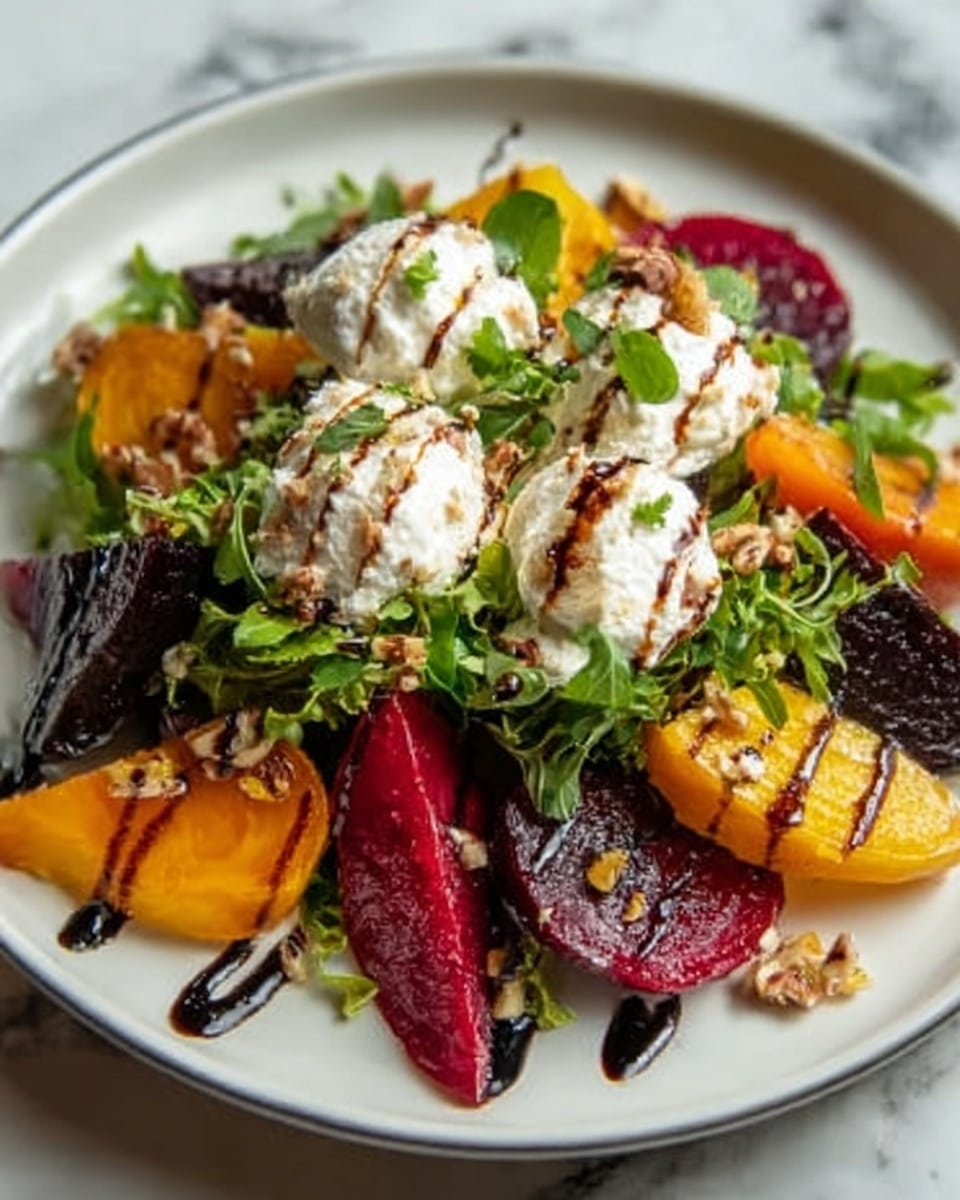 A white plate holds a colorful salad with several layers; at the bottom are red, orange, and yellow roasted beetroot wedges, which look soft and juicy. On top of the beets is a mix of green leafy salad with small herbs scattered throughout. Three dollops of creamy white cheese sit in the center, drizzled with a dark, glossy balsamic glaze. Small bits of crushed nuts or seeds are sprinkled around the plate. The background is a white marbled surface. Photo taken with an iphone --ar 4:5 --v 7