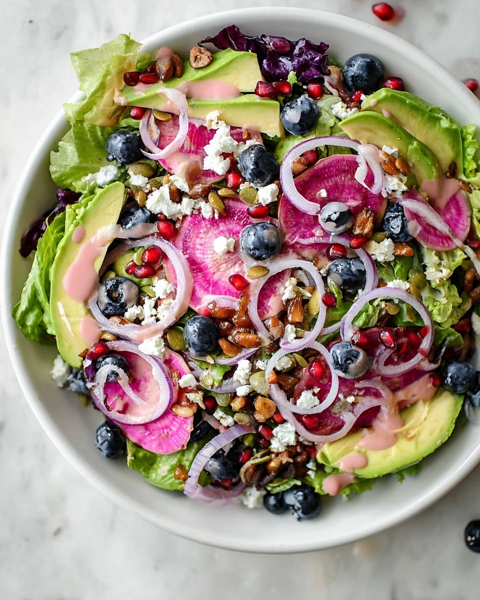 A white bowl filled with a colorful salad sits on a white marbled surface. The salad has a base layer of mixed green and purple lettuce leaves. On top are thin slices of purple watermelon radish and creamy avocado, both arranged in a scattered, natural way. There are also whole blueberries and juicy red pomegranate seeds spread over the layers. Thin pale purple rings of onion are placed on top throughout, adding a slight contrast. Crumbled white feta cheese is sprinkled across the salad, along with some glossy roasted nuts, adding a mix of textures. The salad is lightly drizzled with a pink dressing. Photo taken with an iphone --ar 4:5 --v 7