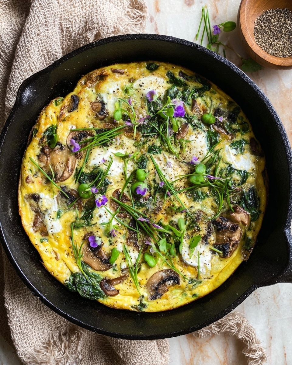 A golden yellow frittata in a black cast iron skillet sits on a white marbled textured surface. The frittata has visible layers of cooked eggs with scattered browned mushrooms and green spinach leaves mixed throughout. White dollops of creamy cheese are spread evenly on top. Bright green chopped chives and pea shoots with tiny purple edible flowers are sprinkled all over, adding fresh color. The edges of the frittata are lightly browned and slightly crisp. A beige cloth with rough fringes is partially visible under the skillet's handle, and a small wooden bowl of ground pepper is nearby. Photo taken with an iphone --ar 4:5 --v 7